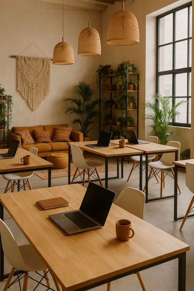 A light-filled co-working space with plants and long tables